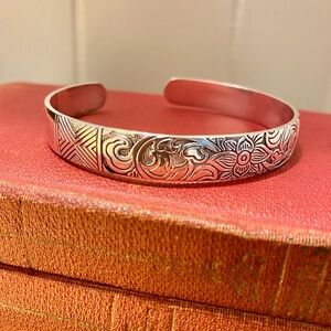 Floral Engraved Silver Tone Cuff Bracelet. Tribal-Brighton-Native-Mexican look